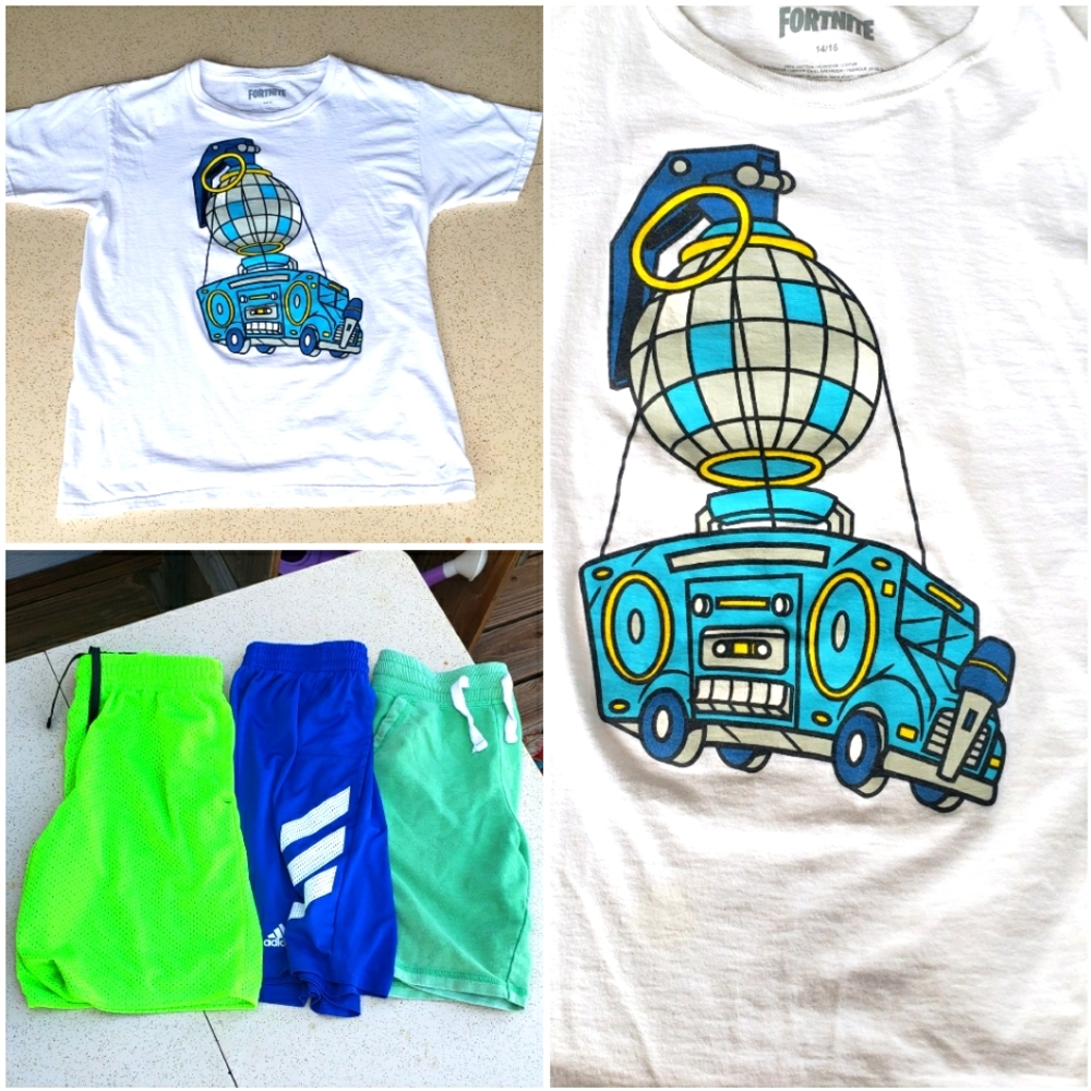 Fortnite 💣 💥 GAMER SHIRT battle BUS 🩳  and3 pair shorts with pockets. size L